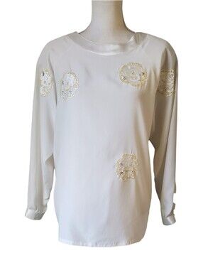 Vintage PM Collection Rose Applique Sequin Blouse Full Pearl Button Back Size 12